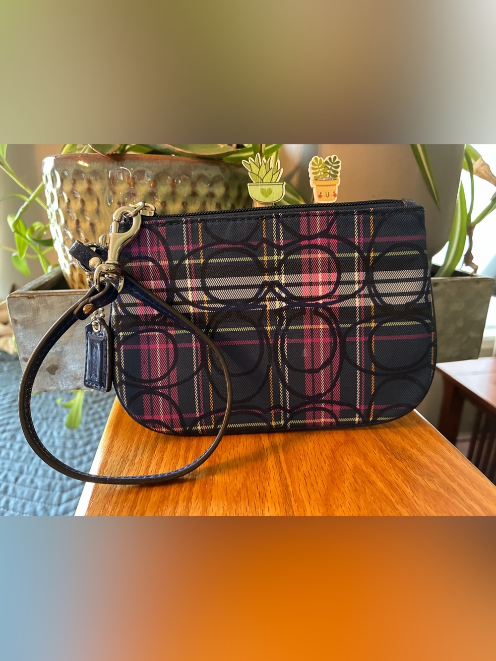 Coach Navy Wristlet with Pink Tartan Plaid Accent